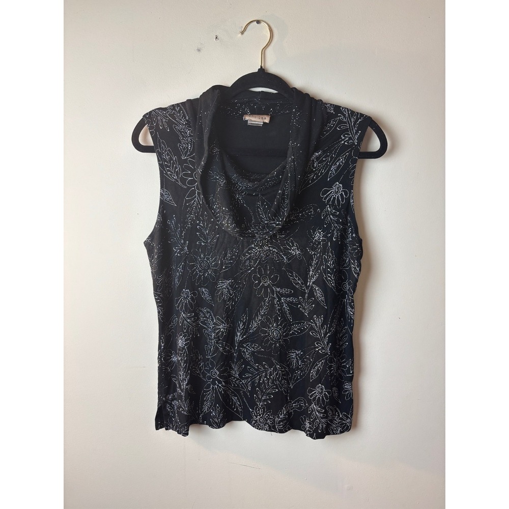 Womens Medium Chico's Cowl Neck Blouse Top‎ Black Leaf Floral Sleeveless Y2K